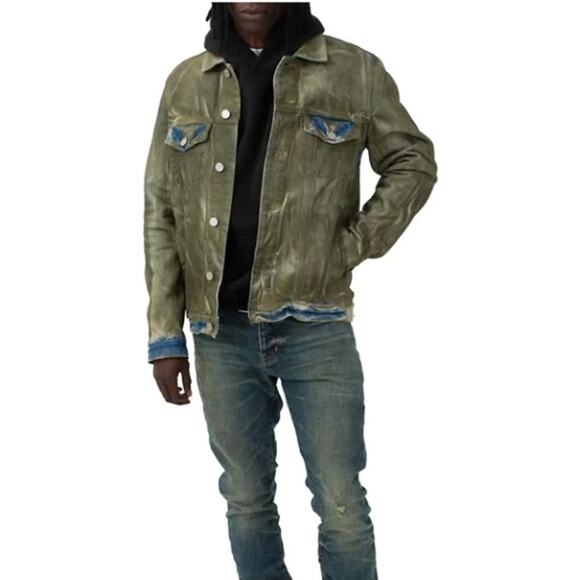 PURPLE BRAND Dirty Resin Coat Distressed Painted Denim Jacket Green Sz S {3U35} - Picture 2 of 7